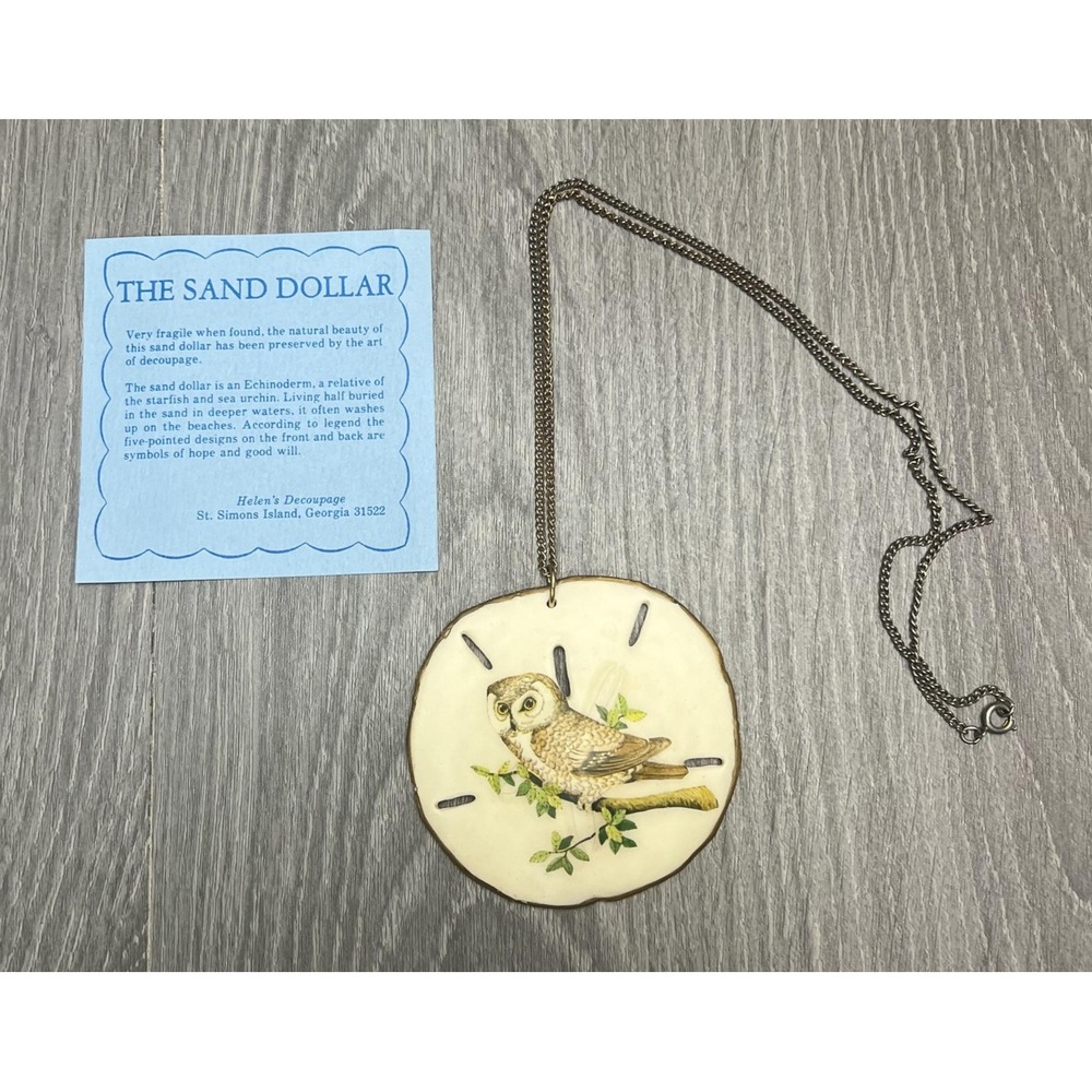 Helen's Decoupage Sand Dollar Pendant Necklace Owl Bird Coastal Beach Jewelry